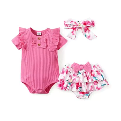 PATPAT Baby Mädchen Strampler mit Rüschenärmeln und Blumen-Shorts Set