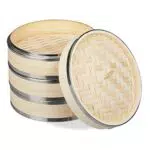 Relaxdays Bambus Dampfgarer 3 Etagen mit Metallringen für Reis und Gemüse