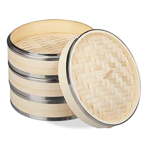 Relaxdays Bambus Dampfgarer 3 Etagen mit Metallringen für Reis und Gemüse