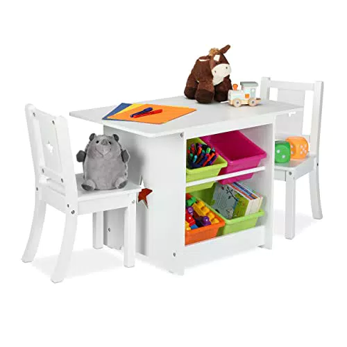 Relaxdays Kindersitzgruppe – Kindertisch mit 2 Stühlen und Stauraum für Kinderzimmer