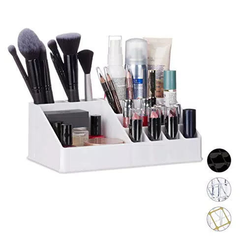 Relaxdays Kosmetik-Organizer Acryl, Kleiner Make Up Organizer mit 16 Fächern für Schminke & Lippenstift-Halter