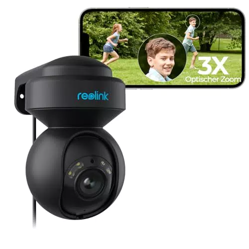 Reolink PTZ Überwachungskamera mit 5MP, 3X Optischem Zoom, WLAN, Personen-/Fahrzeugerkennung, Automatischer Verfolgung, Vollfarb-Nachtsicht, 2-Wege-Audio - Modell E1 Outdoor