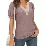 Damenoberteil mit Spitze und V-Ausschnitt – Puffärmel T-Shirt Bluse 2024