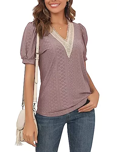 Damenoberteil mit Spitze und V-Ausschnitt – Puffärmel T-Shirt Bluse 2024