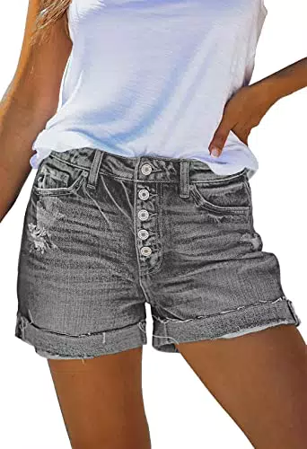 Sovoyontee Damen Hohe Taille Destroyed Jeans Hot Pants Ausgefranste Denim