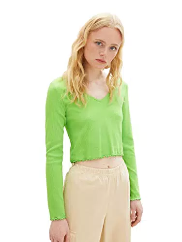 TOM TAILOR Denim Damen Cropped Langarmshirt mit Rippstruktur
