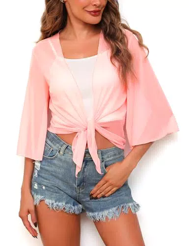 Wayleb Bolero Jacke Damen 3/4 Ärmel Kurz Cardigan Elegant Chiffon Strickjacke