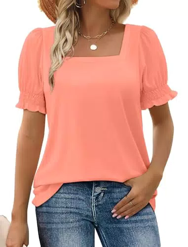 WIHOLL Damen T-Shirt mit quadratischem Ausschnitt und Rüsche, kurzarm