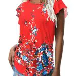 WNEEDU Damen Sommer Tops Rüschen Kurzarm Oberteile Freizeitblusen