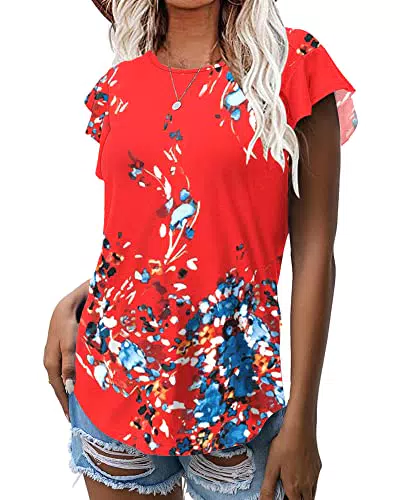 WNEEDU Damen Sommer Tops Rüschen Kurzarm Oberteile Freizeitblusen