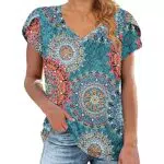 WNEEDU Damen T-Shirt Sommer V-Ausschnitt Kurzarm Ausgefallenes Oberteil