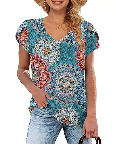 WNEEDU Damen T-Shirt Sommer V-Ausschnitt Kurzarm Ausgefallenes Oberteil