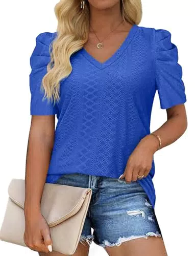 XIEERDUO Damen Sommer T-Shirt mit V-Ausschnitt und Puffärmeln, elegant und kurzarm