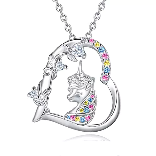 Yuluzeln Einhorn Halskette mit Herz Anhänger - Geschenk für Mädchen und Frauen