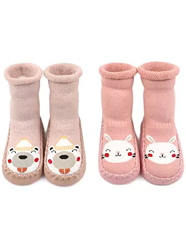 Adorel Hüttenschuhe für Babys, gefüttert, Anti-Rutsch, Modell: Häschen & Bärchen