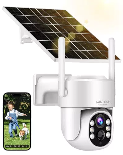 AUKTECH 4MP Überwachungskamera Solar, 360° Outdoor Kamera mit Nachtsicht und PIR-Sensor