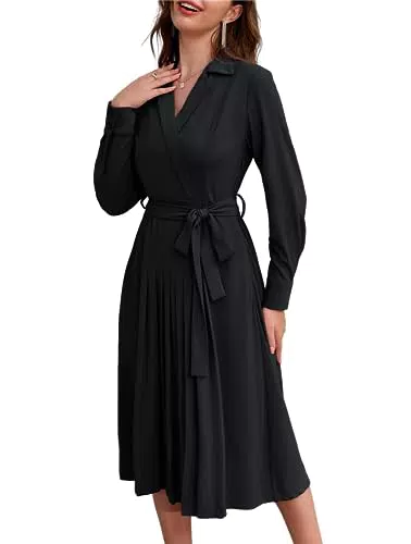 Damen Cocktailkleid Langarm mit umgeschlagenem Kragen A-Linie Faltensaum