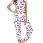Ekouaer Damen Schlafanzug lang, Kurzarm Pyjama Set mit Schmetterlingsmotiv