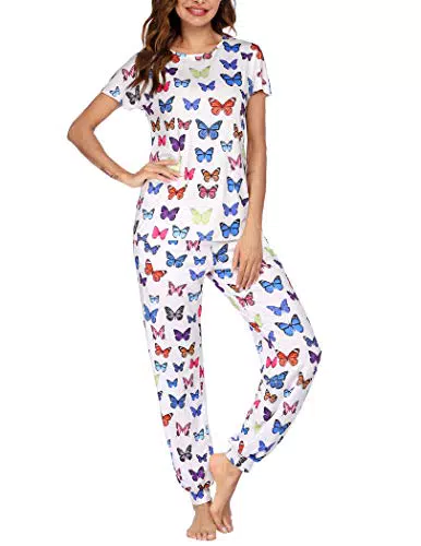 Ekouaer Damen Schlafanzug lang, Kurzarm Pyjama Set mit Schmetterlingsmotiv