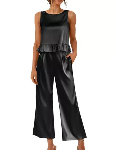 Ekouaer Schlafanzug Damen Ärmellos Satin Pyjama Set für Sommer Freizeit