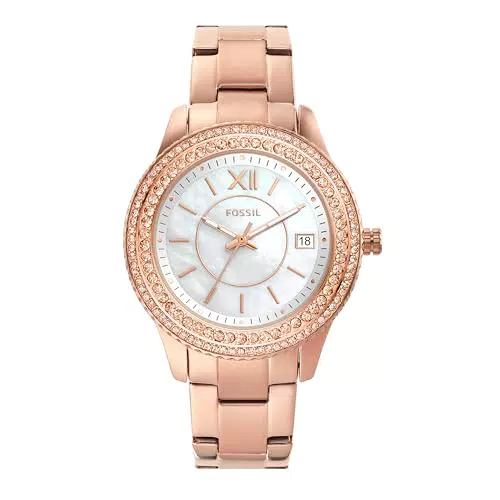 Fossil Damen Uhr Stella mit Dreizeiger-Datumswerk, Edelstahlgehäuse und Armband