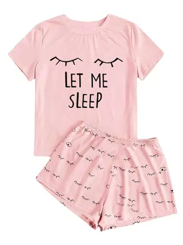Haloumoning Mädchen Sommer Pyjama Set mit Cartoon-Print und Kurzarm T-Shirt