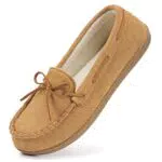 HomeTop Damen Wildleder Mokassins Hausschuhe mit Gummisohle - Hellgrau