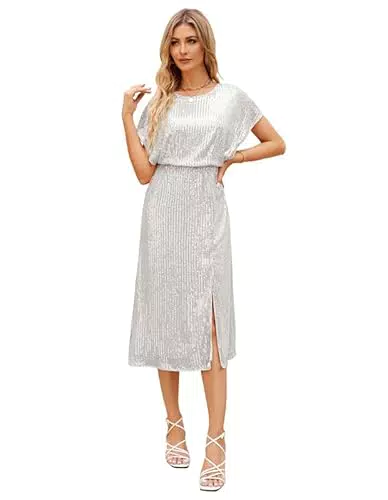 JASAMBAC Paillettenkleid für Damen mit Rundhalsausschnitt und kurzen Ärmeln