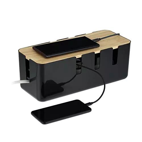 Relaxdays Kabelbox für Steckdosenleisten aus Holz und Kunststoff - Kabelversteck, 11,5x30,5x12,5 cm - Schwarz