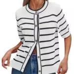 Saodimallsu Damen Gestreifte Kurzarm T-Shirt Button Down Rundhals Pullover