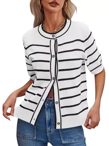 Saodimallsu Damen Gestreifte Kurzarm T-Shirt Button Down Rundhals Pullover