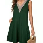 Tanmolo Damen Sommerkleid V-Ausschnitt Ärmellos Knielang Swing Kleid