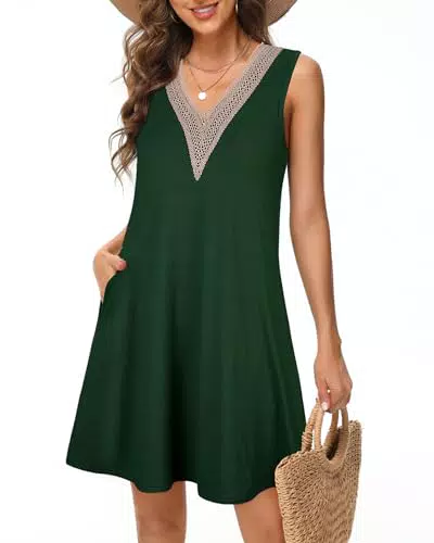 Tanmolo Damen Sommerkleid V-Ausschnitt Ärmellos Knielang Swing Kleid