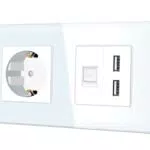 TAWOIA Unterputzsteckdose mit RJ45 Cat6 und TV Antennenanschluss, Kristallglasrahmen, weiß