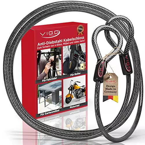 VIGO SPORTS® Panzer Schlaufenkabel 10mm – Kabelschloss für Fahrrad und Gartenmöbel