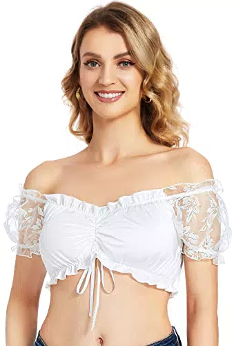AMZHOTER Dirndlbluse Damen Trachtenbluse Spitze Schulterfrei für Oktoberfest