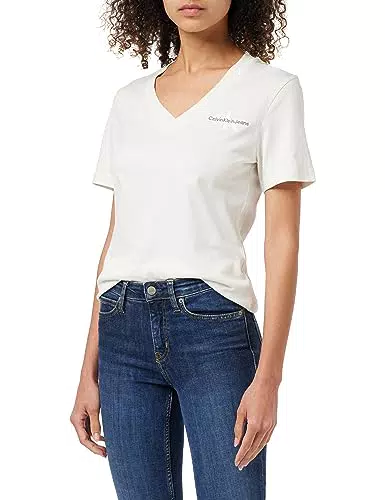 Calvin Klein Jeans Damen T-Shirt Kurzarm Monologo Slim V-Ausschnitt