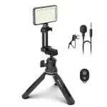 DigiPower Vlogging Kit mit LED Videoleuchte und Lavalier Mikrofon für Smartphones und Kameras