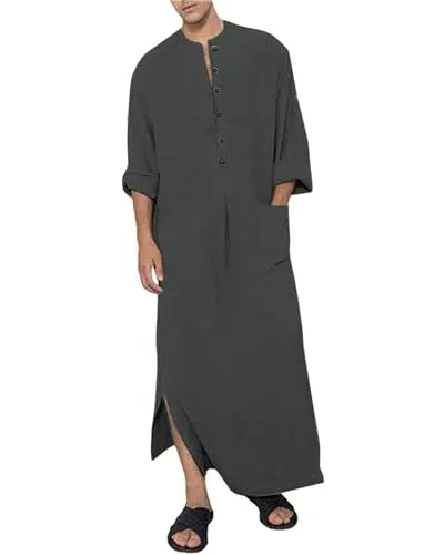 DUOLUVA Herren Kaftan Langarm Thobe aus Leinen für Herren