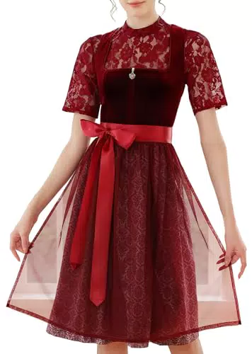 EIISSION Dirndl Damen Midi Trachtenkleid mit Schürze und Bluse für Oktoberfest