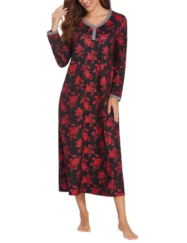 Ekouaer Langarm Nachthemd Damen - Weiches Schlafshirt mit Knöpfen für den Winter