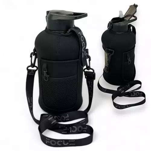 FOCUZ® Trinkflasche 2L mit Strohhalm und verstellbarem Tragegurt, BPA-frei