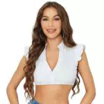 Dirndl Bluse Damen V Ausschnitt Kurzarm Trachtenbluse - Weiß