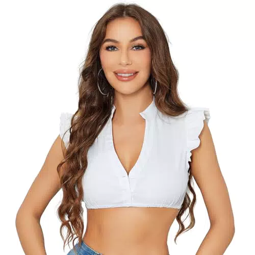 Dirndl Bluse Damen V Ausschnitt Kurzarm Trachtenbluse - Weiß
