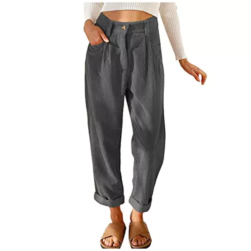 HSUAYEUD Damen Leinenhose Palazzo mit Taschen und Tunnelzug, hohe Taille