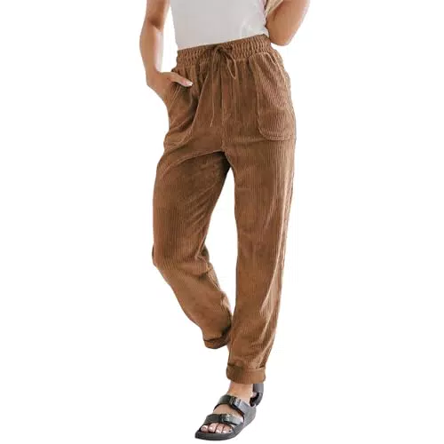 HSUAYEUD Damen Leinenhose Palazzo mit Taschen und Tunnelzug, Casual Sommerhosen