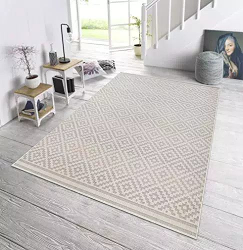 NORTHRUGS Teppich Raute für Innen- und Außenbereich 140x200cm - Modernes geometrisches Design für Balkon Terrasse Garten und Wohnzimmer - Grün Creme