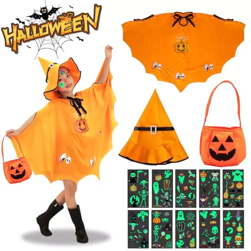 Shinybox Halloween Kostüm für Kinder, Fledermaus Umhang mit Hut und Kürbis Tasche