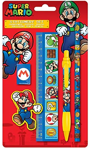 Super Mario Schreibwaren-Set - Kugelschreiber, Bleistift, Radierer, Anspitzer, Lineal