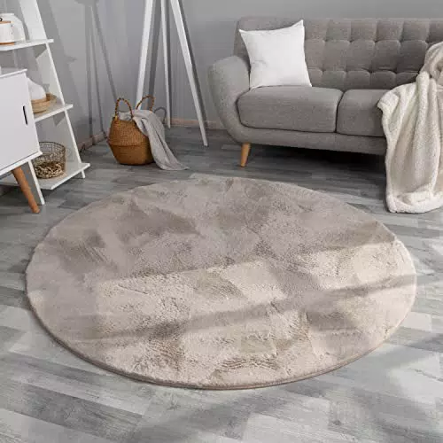 TT Home Hochflor Teppich Kunstfell Modern Rund für Wohnzimmer